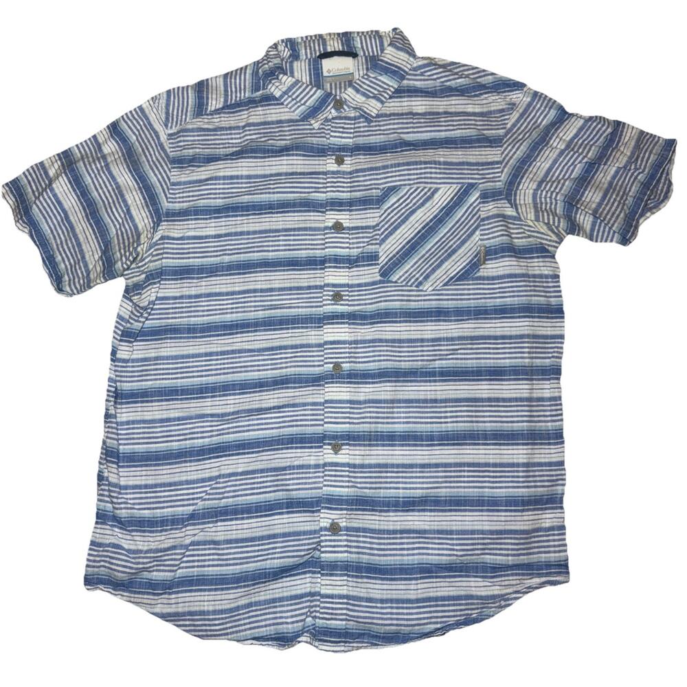 COLUMBIA Blue/White Button Front Men's Shirt Sz Large SHORT SLEEVE Cotton